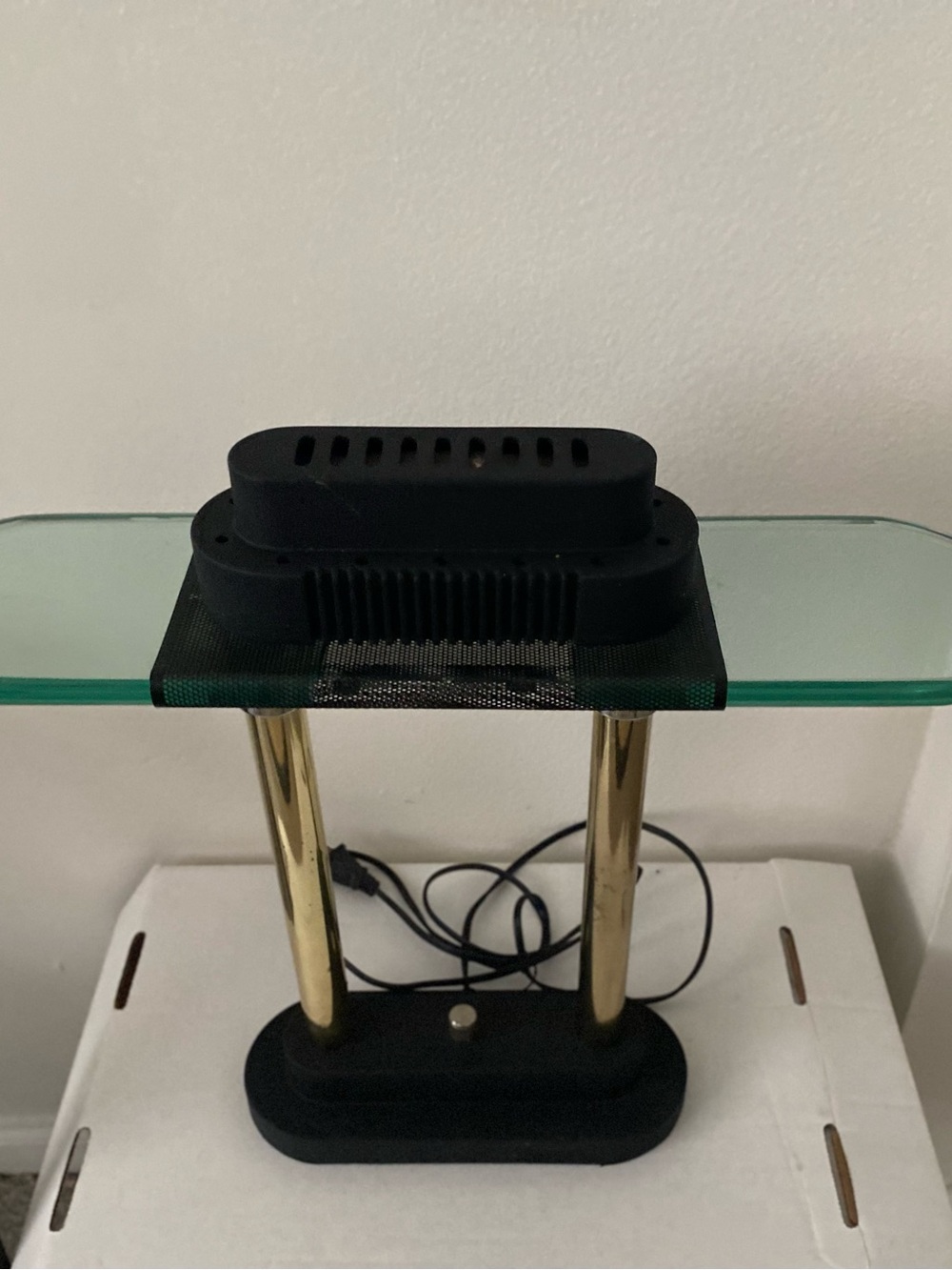 Modern Bankers Desk Lamp with Black Gold and Silver. Greenish Glass Top.